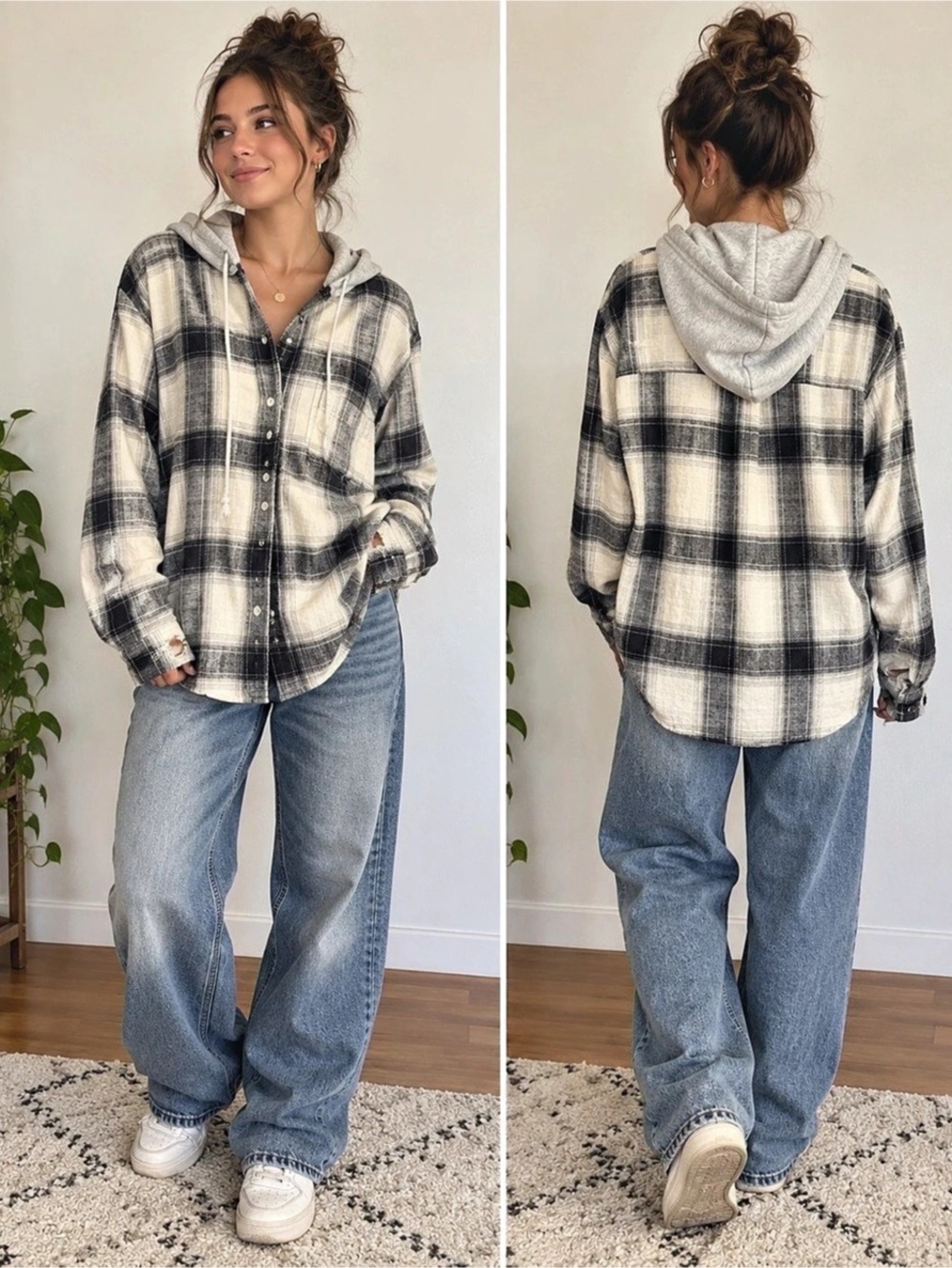 American Eagle Plaid Hooded Flannel Shirt Women’s Medium Black Cream Grunge